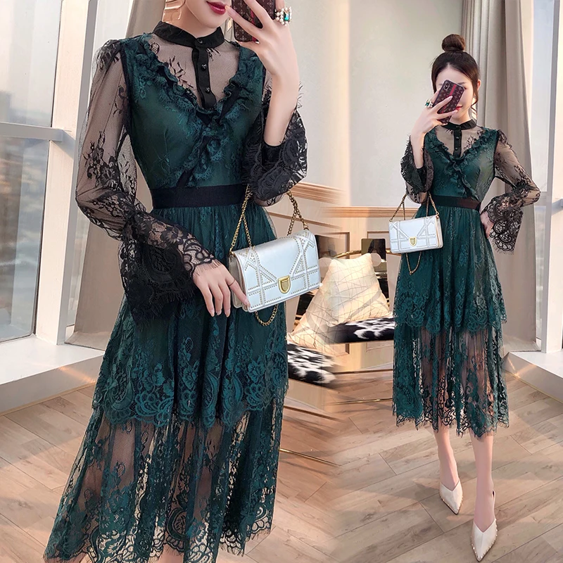 Женское кружевное платье с рюшами и круглым вырезом в стиле пэчворк оптовая