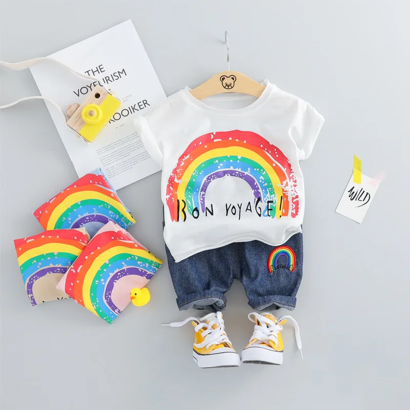 2019 Summer Toddler Infant Clothing Sets Baby Girls Boys Clothes Suits Rainbow T Shirt Shorts Kids Children Costume | Детская одежда и