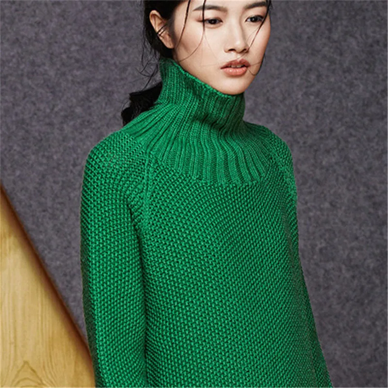 100% hand made pure merino wool thick knit women fashion long sweater dress high neck 7color retail wholesale customized | Женская