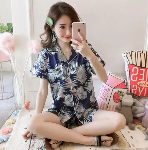 Повседневный новый летний пижамный комплект шелковая атласная одежда для сна