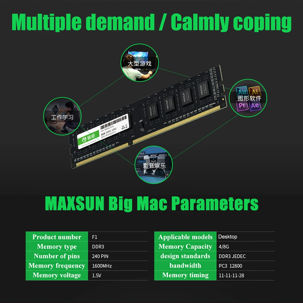 MAXSUN F1 RAMs DDR3 4 ГБ/8 ГБ настольная память 1600 МГц напряжение памяти 1 5 в 11 28 пожизненная