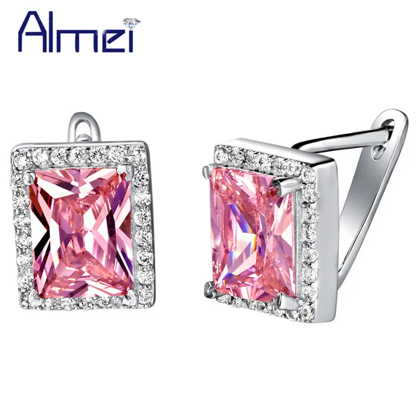 Женские серебряные сережки гвоздики Almei винтажные с розовым цирконием R721 скидка