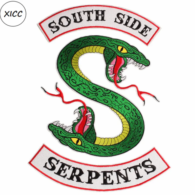 Большой Размеры ривердейл "South Side serpents" утюг на патчи для Костюмы, с рисунком героев из мультфильмов, два головой кобры вышитые наклейки аппликация