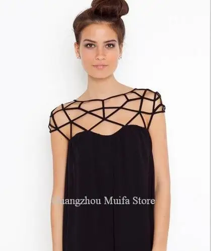 EN 2015 European and American grid interwoven hollow design sweet sexy little black dress chiffon Женская одежда