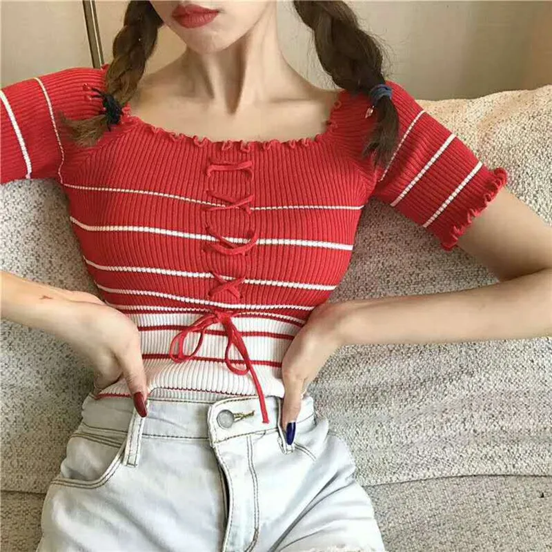 

Women Summer Harajuku Sexy T-shirt Slash Neck Striped Short Sleeve tshirt Knitted Lace Up Ruffles knitted t shirt