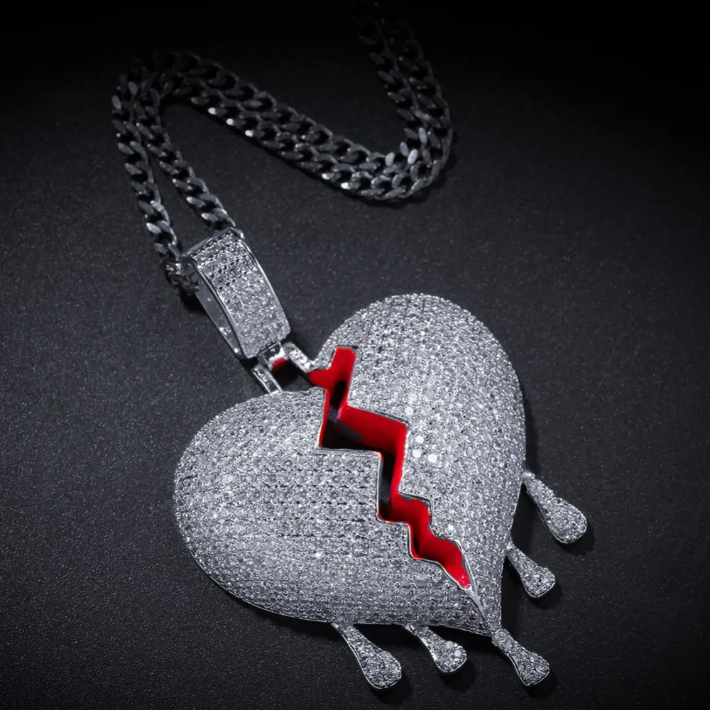 Хип-хоп AAA CZ кубический цирконий Bling Iced Out сломанная вода падение Сердце Подвески ожерелье для мужчин раппер ювелирные изделия золото серебро