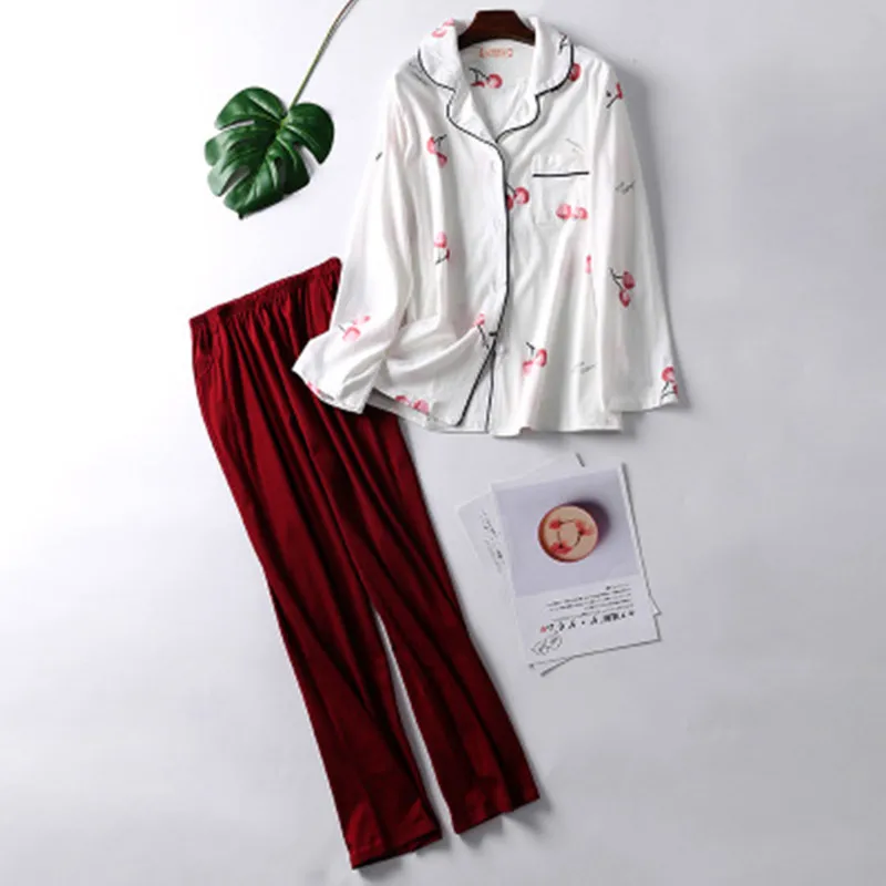 Cotton Style 18 Хлопок осенний пижамный комплект Для женщин сексуальная пижама свободные Размеры женский длинный рукав; рубашка и штаны 2 шт./компл. домашняя одежда для сна - Цвет: Cotton Style 18