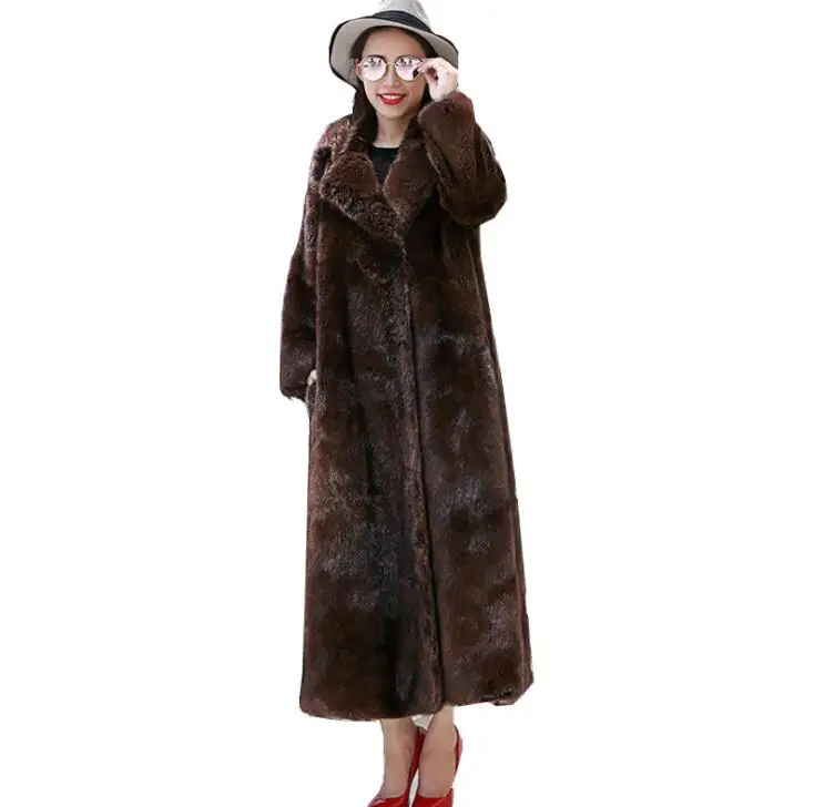 Autumn faux mink leather jacket womens coats winter thicken warm fur leather long trench coat women slim jackets fashion brown