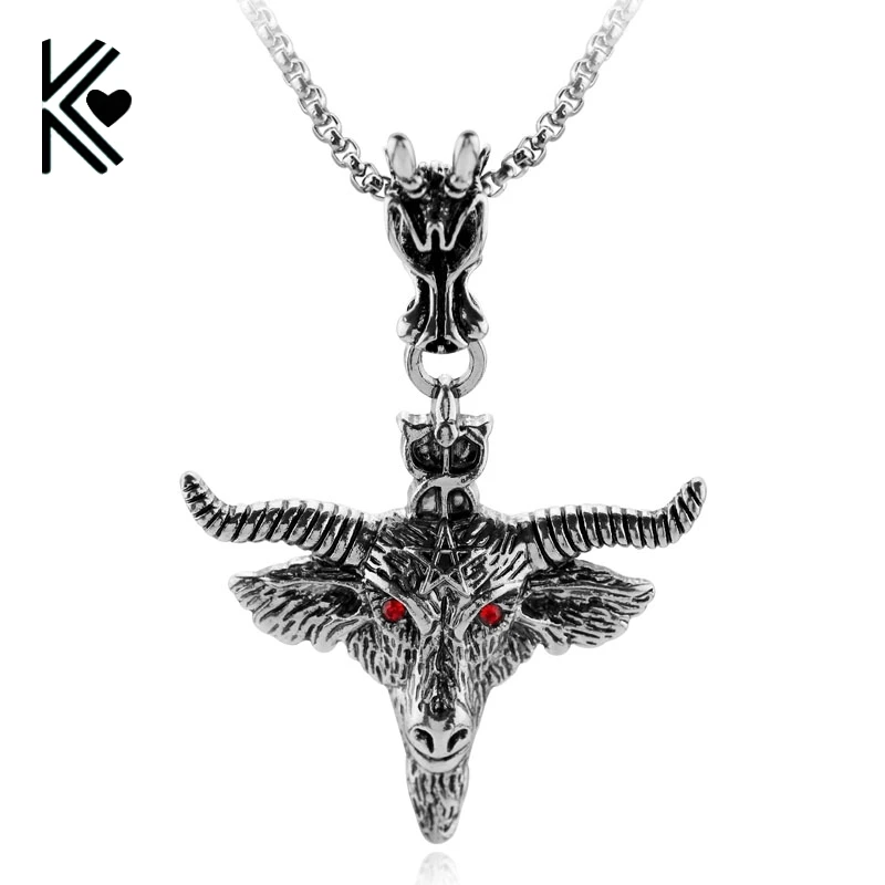 Мужское ожерелье в стиле панк с красным кристаллом и подвеской виде овчины