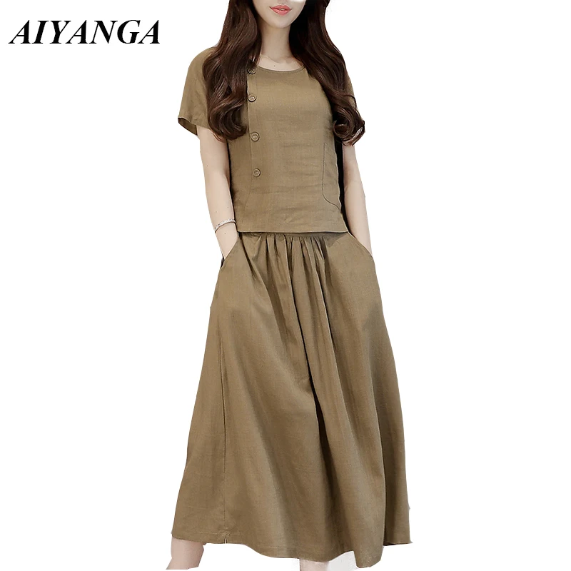 

AIYANGA Cotton Linen Women Sets 2018 Summer Female 2 Pieces Short Sleeve O Neck Medium Long Skirts Casual Style Solid Color