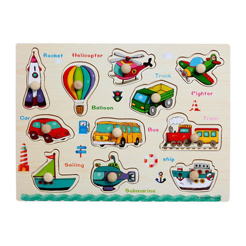 Montessori Baby wooden Toys kids wooden puzzle toys sorters for children wood game for children 3 years Hand Grab Board Set - Цвет: Transportation