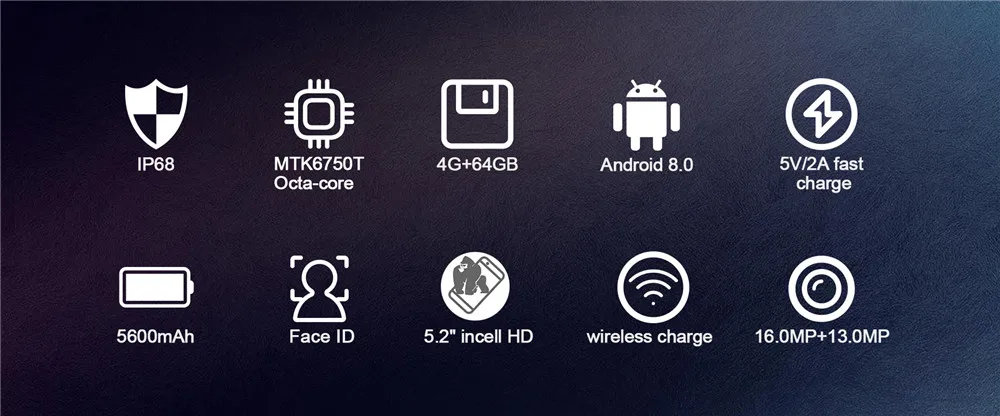 Vkworld VK7000 Face ID IP68 водонепроницаемый ударопрочный смартфон 5," 4 Гб ОЗУ+ 64 Гб ПЗУ OTG 16 Мп+ 13 МП 5600 мАч отпечаток пальца 4G сотовый телефон