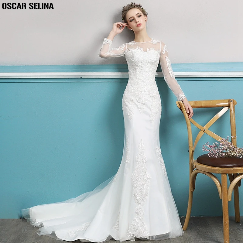 OSCAR SELINA Vestido de noiva2019 новое из кружева с вырезом на шее длинным рукавом сексуальное