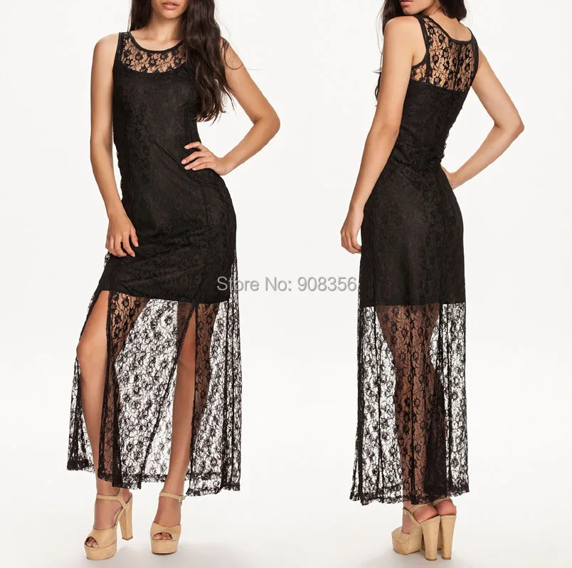 Длинное платье макси черное кружевное с цветочной вышивкой элегантное вечернее