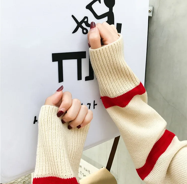 South Korea ulzzang loose bf wind digital striped pullovers female chic render knitwear student qiu dong | Женская одежда