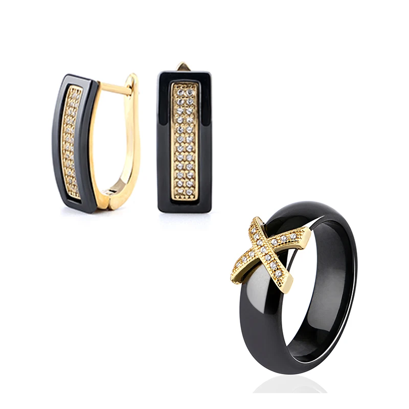 Black Gold Sets Винтажные Женские Ювелирные наборы из розового золота 585, с фианитами, кубическим цирконием, классический стиль, черные, белые серьги-гвоздики из керамики, кольцо с крестиком - Окраска металла: Black Gold Sets