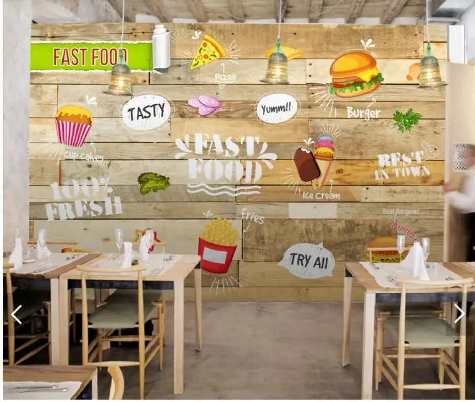 

Fast Food Wall Murals Custom Photo Wallpaper for Restaurant Shop Contact Paper Wall Papers Papel Pintado Rayas Wood Wallpapers