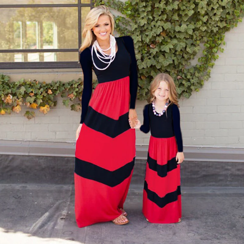 Весенне-осенние платья для мамы и дочки одежда в полоску с длинными рукавами