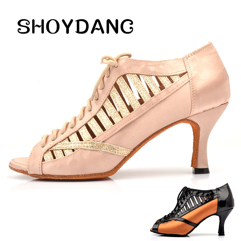 SHOYDANC zapatos de baile latino mujer уникальный дизайн римские сапоги танцевальная обувь для латинских женщин абрикосовый/Коричневый Красный атласные туфли для танцев