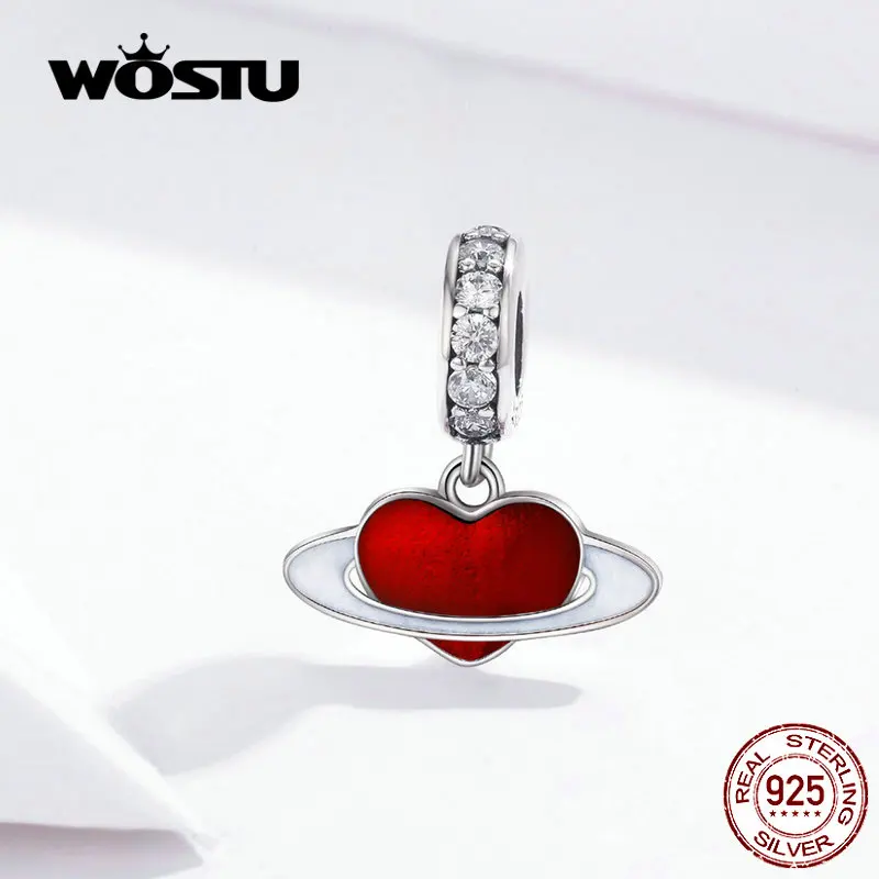 WOSTU сердце планеты болтается очарование 925 пробы серебро Красная эмаль CZ Бусины