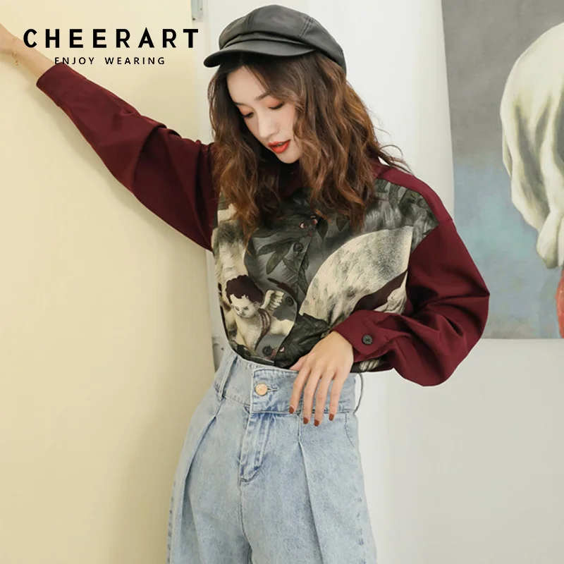 Cheerart Толстая винтажная рубашка для женщин темно-красный принт с длинным рукавом негабаритных Блузка Женский Топ Женская одежда