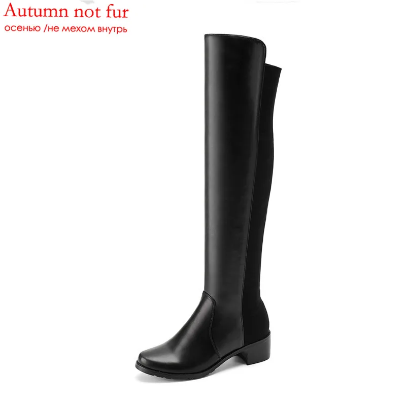 black 2 not fur Smirnova/черные модные осенне-зимние сапоги женские сапоги до колена с круглым носком сапоги из эластичной ткани и коровьей кожи на среднем каблуке Большие размеры - Цвет: black 2 not fur