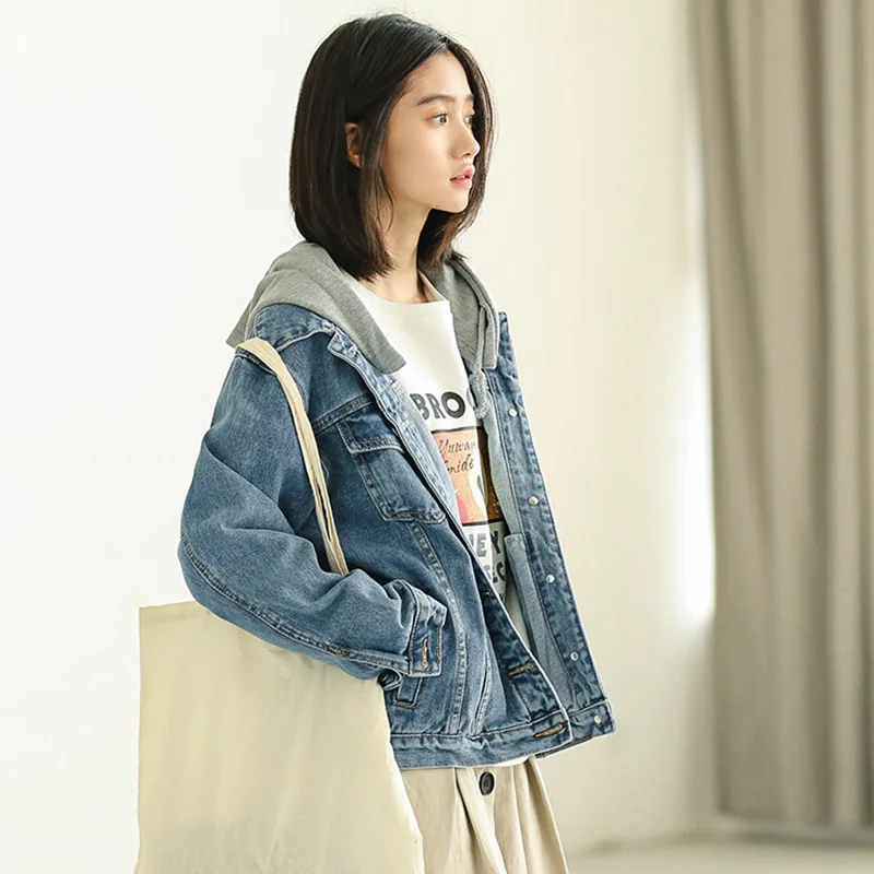 Hooded Denim Jacket Women Spring Vintage Streetwear Female Loose Jeans Girls Student Washed Hoody Coat | Женская одежда