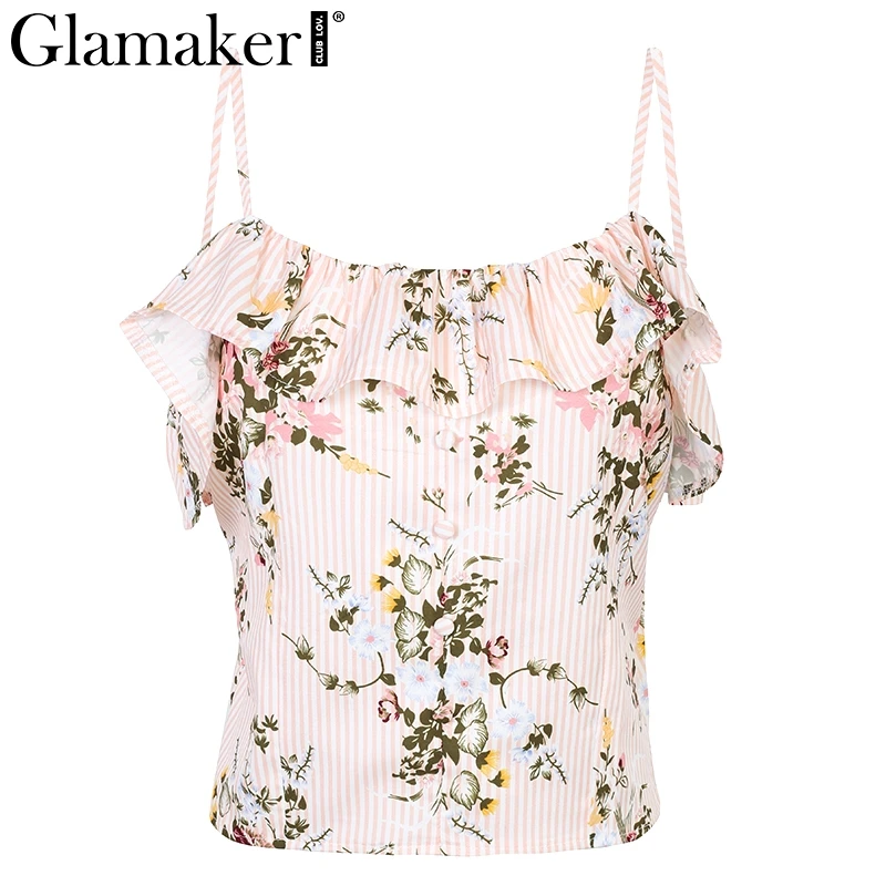 Glamaker, летняя женская майка с цветочным принтом и рюшами, розовая Полосатая майка, майка, футболки, богемная пляжная рубашка без рукавов, топ на бретельках