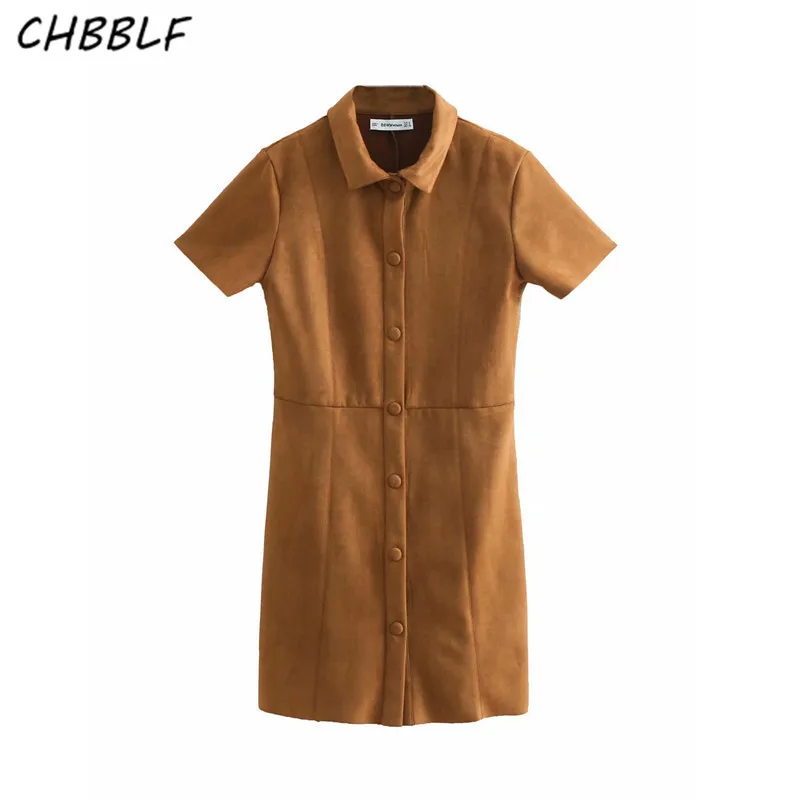 CHBBLF women suede mini dress short sleeve buttons vintage female casual dresses solid A line vestidos BGB9038 | Женская одежда