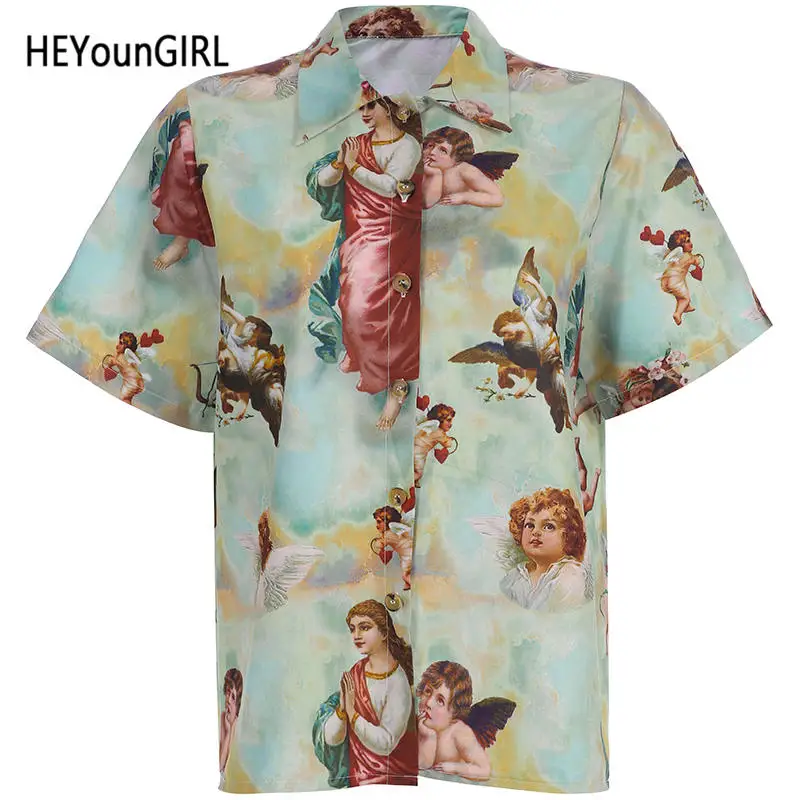 Армейский зеленый HEYounGIRL Корейская принтованная ангельская рубашка женская Винтажная футболка с коротким рукавом женская футболка с отложным воротником Harajuku футболка женская летняя - Цвет: Армейский зеленый