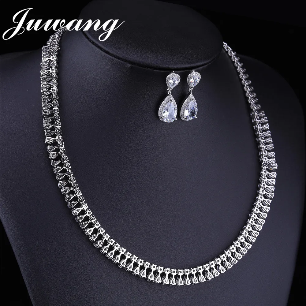 

JUWANG Brand Crystal Wedding Jewelry Sets for Bride Clear Water Drop Rhinestone Necklace Set Engagement Jewelry Gift