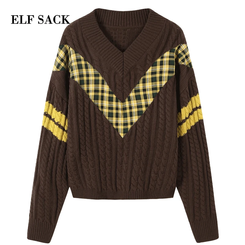 ELF SACK Winter Warm Woman New Sweater Casual Full V-Neck Women Pullovers Color Patchwork Stylish Femme Hand Knitted | Женская одежда