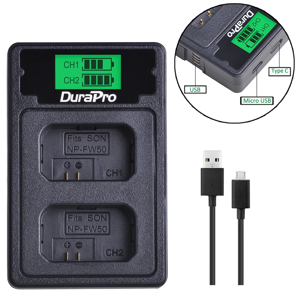 DuraPro NP-FW50 NP FW50 Battery+ LCD Dual Charger For Sony A6000 NEX-7 NEX 5N F3 NEX-3D NEX-3DW NEX-3K NEX-5C Alpha 7R II Camera |
