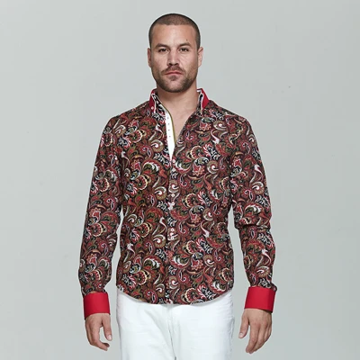 VSD Freeshipping Итальянский Slim Fit мужская цветочный печатные Рубашки Моды печати hombre мужская Рубашка С Длинным Рукавом Размер Евро Homme - Цвет: Red Mens Shirt
