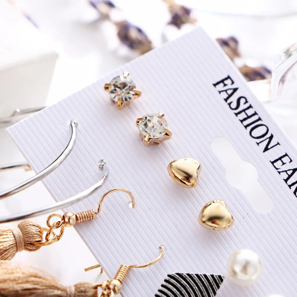 MMeier Bohemia Gold Color Long Tassel Dangle Earrings Set For Women Girl 2018 New Crystal Heart Earring Fabric Female Fashion | Украшения и