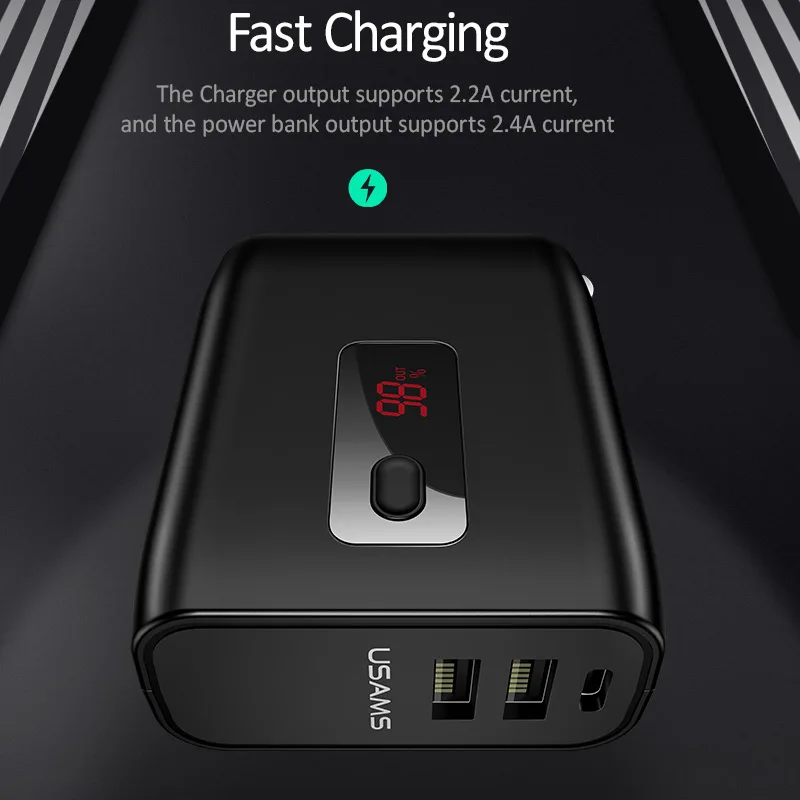 USAMS 5000 мАч led power Bank 2 в 1 EU/US зарядное устройство для телефона USB Быстрая Зарядка bank