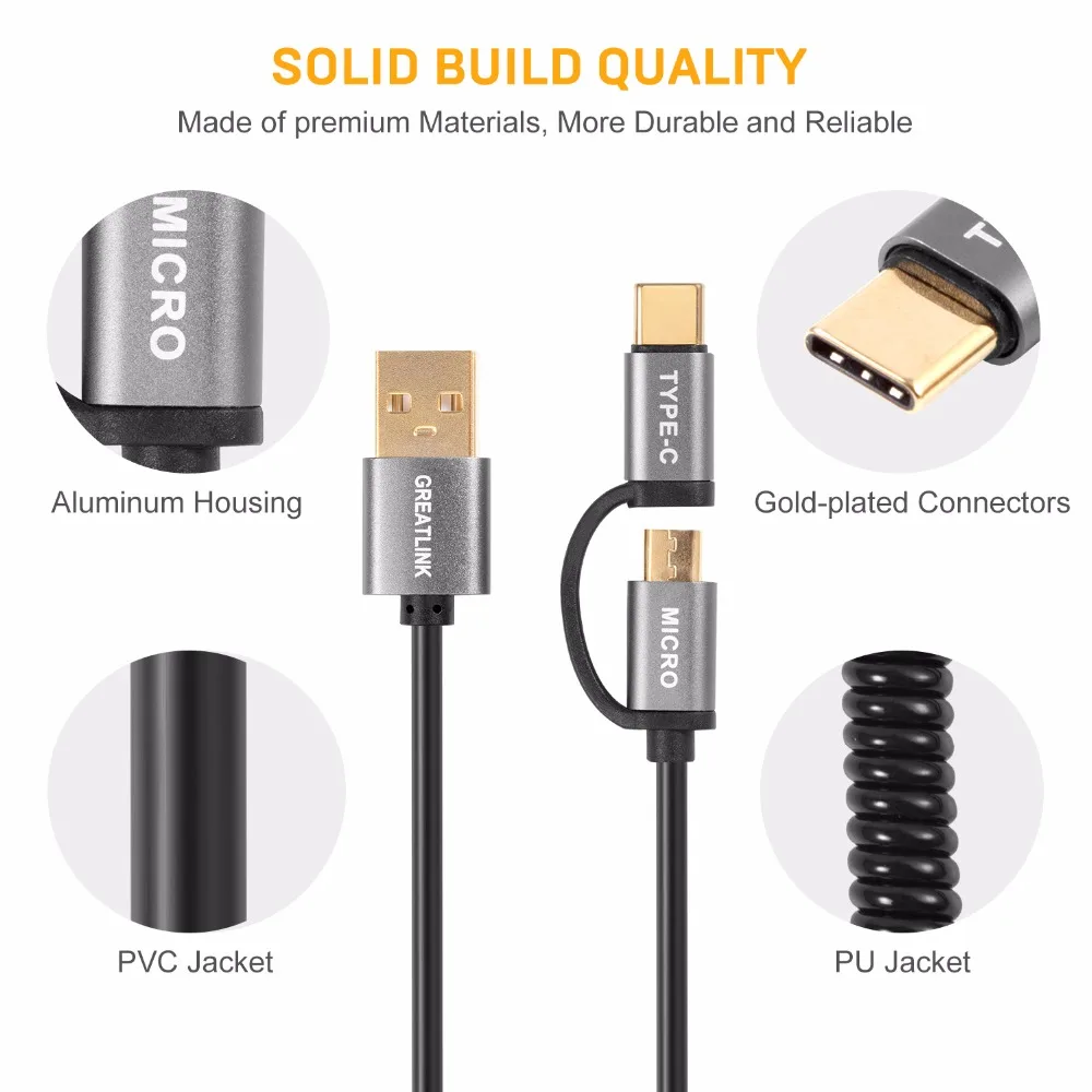 USB к Micro + Type C кабель для быстрой зарядки 2 в 1 USB3.0 и thunderbolt шнур многопортовый
