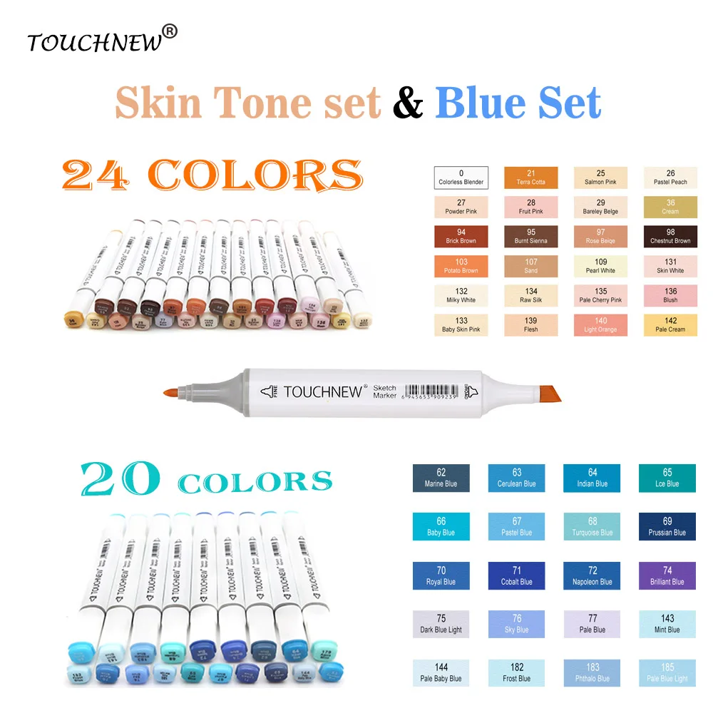 20 plus 24colors TOUCHNEW, 24/20 цветов, тональный маркер, синий набор, эскиз, спиртовые маркеры, ручка для рисования, портретная анимация, синий цвет, море - Цвет: 20 plus 24colors