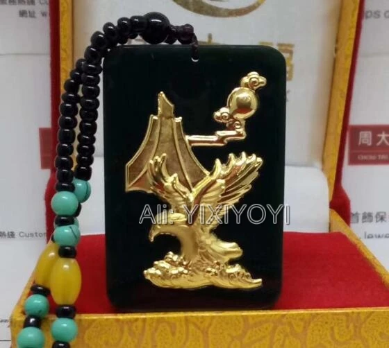 Чудесный натуральный черный зеленый гетянь нефрит + 18K золото инкрустированный