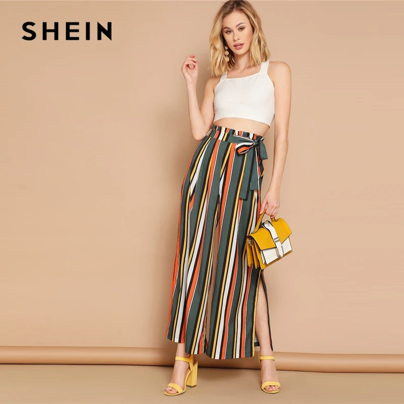 SHEIN Разноцветные Брюки В Полоску С Поясом И Разрезами Женские Богемные Летние Модные Широкие Брюки С Высокой Талией