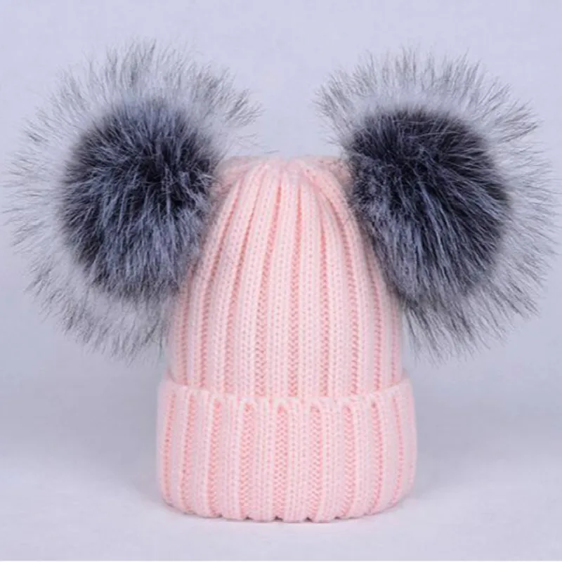 pink Женская зимняя шапка, двойная, из искусственного меха серебристой лисы, с помпонами, для девочек, шапка, толстая, теплая, для женщин, зимняя, skullies, вязаная шапка с двумя помпонами - Цвет: pink