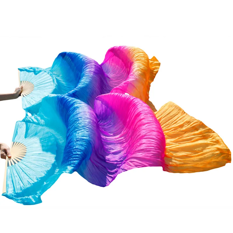 100% Real Silk Belly Dance Fans 1 Pair / 1 Pc Handmade Dyed Silk Belly Dance Long Fan Chinese Dance Fans Veil 24 Colors