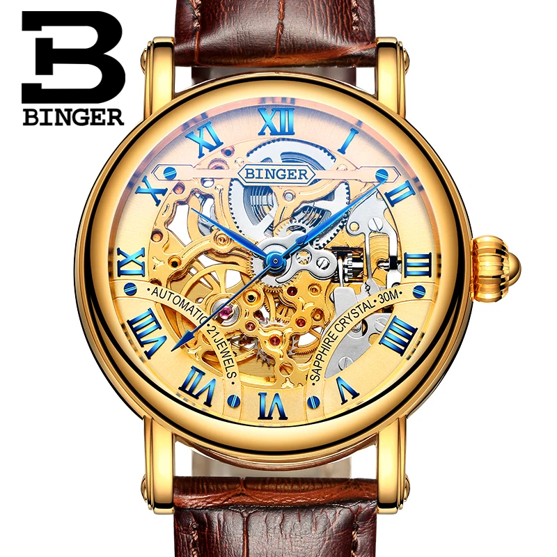 Мужские наручные часы-скелетоны BINGER мужские часы с кожаным ремешком золотые