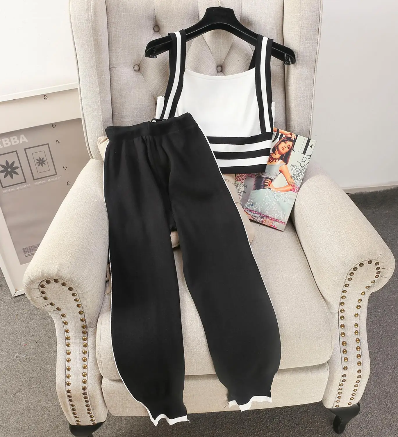 [ALPHALMODA] осенний женский укороченный топ и штаны костюмы из 2 предметов полосатые