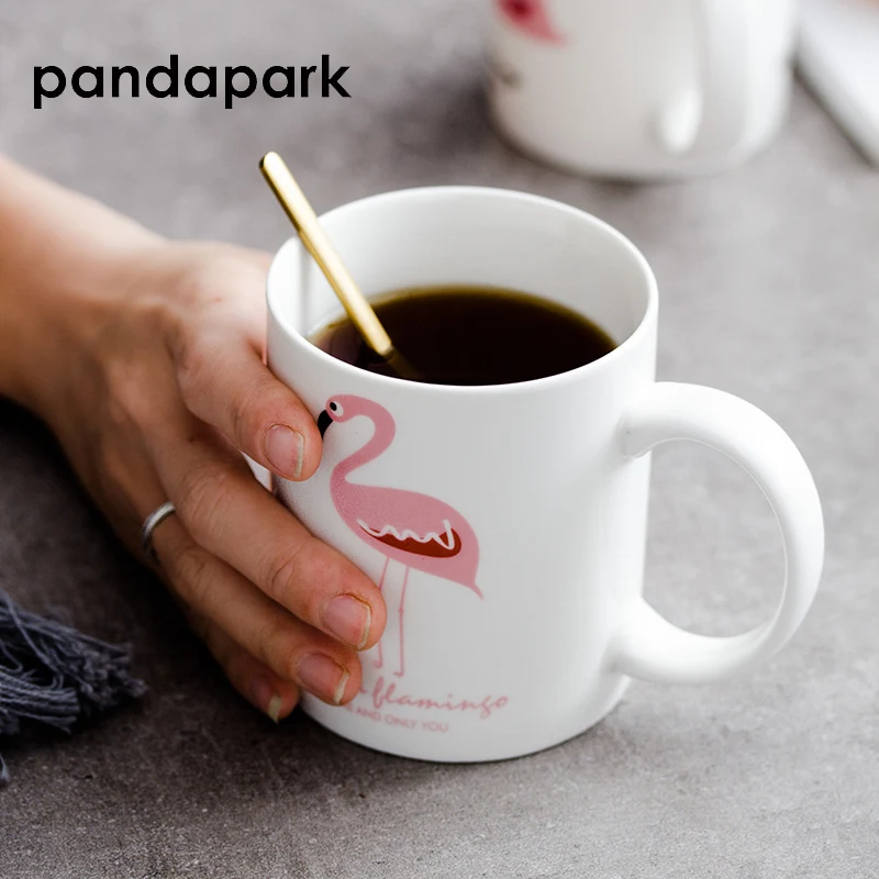 

Pandapark Cute Animal Ceramic Personality Milk Mug Flamingos Pattern Office Coffee Mug Tumbler Creative Breakfast Mugs PPX046