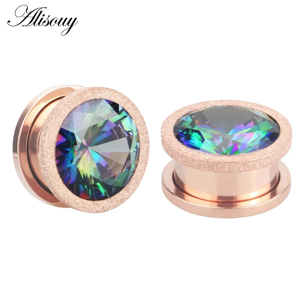 E Rose Gold-Colorful 2 шт., розовое золото, нержавеющая сталь, винт, ушной тоннель, затычка, матовый кубический циркон, ушные датчики, пробки, расширитель для туннелей, пирсинг, ювелирные изделия - Окраска металла: E Rose Gold-Colorful