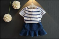 ajlonger fashion girls clothing set summer baby girls clothes stripe shirtdenim skirt children clothes