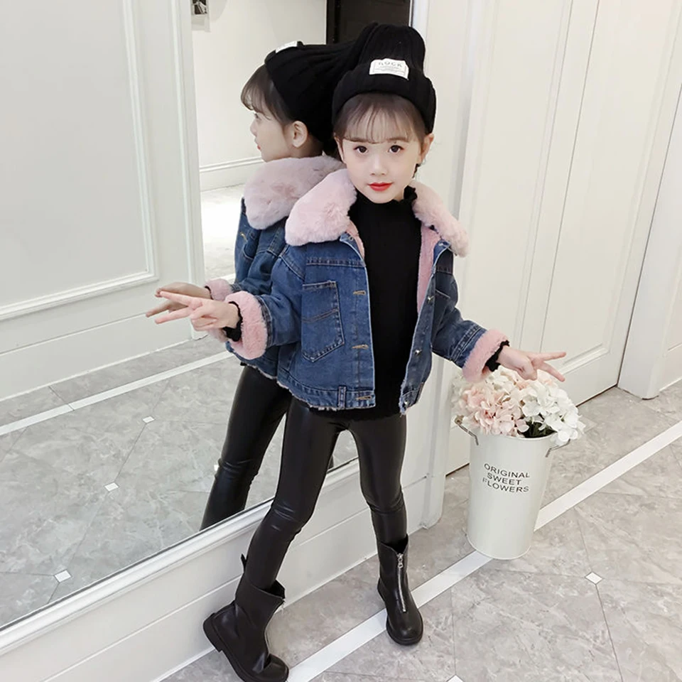 2019 Pink/Grey Color Jeans Jackets For Girl Coat Plus Velvet Windbreaker Autum Winter Outwear Children Solid Coats | Детская одежда и