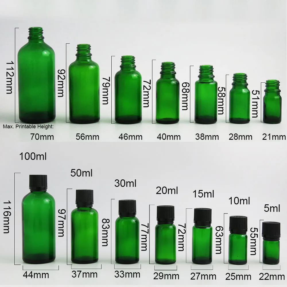 

10pcs 5ml 10ml 15ml 20ml 30ml 50ml 100ml Green Glass e Liquid Essential Oil Bottle with Plastic Black Cap Cosmetic Containers