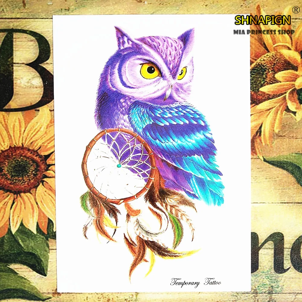 Синяя Сова перо временная татуировка боди арт вспышка тату наклейка s 12*20 см